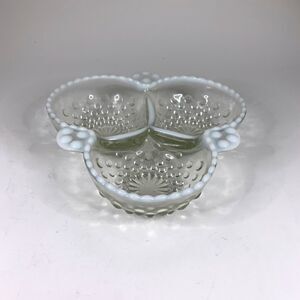 Vintage Opalescent Candy Dish 1940s Hobnail 3 Section Divided Mid Century
